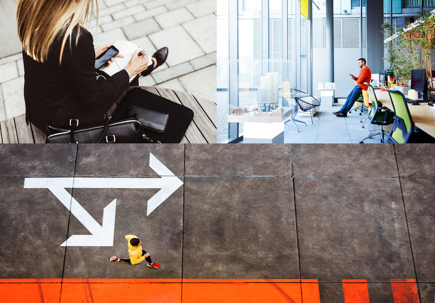 collage of a woman working outside in her laptop, a man relaxing in his office and a man running east with a "go straight or turn right" sign on the ground