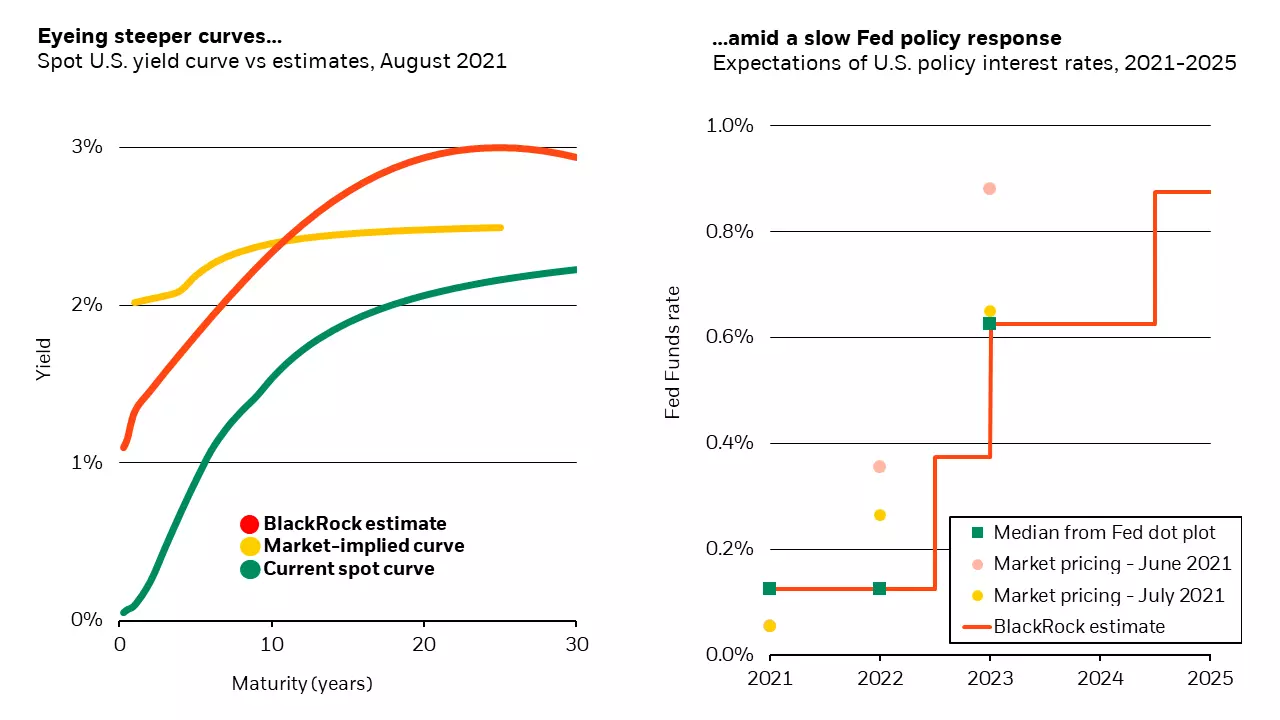 The chart to the left shows our expectations for a steeper U.S. yield curve. The right chart shows our expectations for a slow Fed policy response.