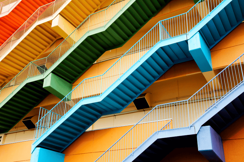Colorful image of stairs at the side of the building