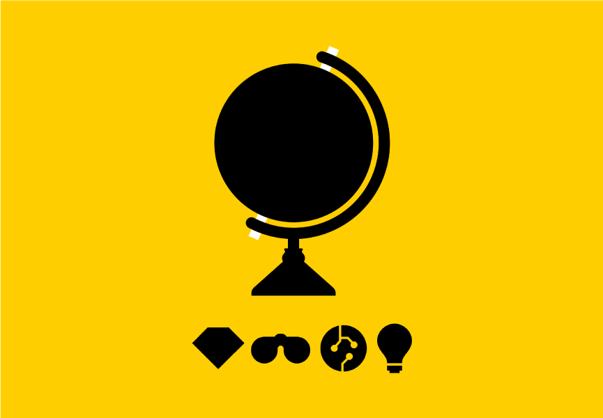 Ilustración de un globo terráqueo con iconos de inversión, innovación, tecnología y visión, sobre fondo amarillo