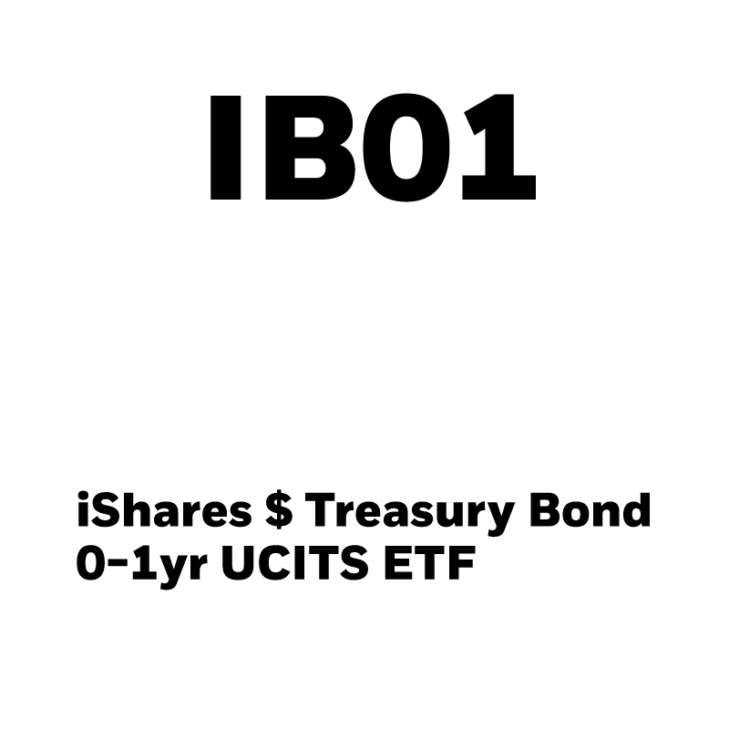Nombre del ETF 1b01 encerrado en un círculo blanco y nombre completo del ETF IBo1 iShares treasury bon 0-1yr UCITs ETF encerrado en un rectángulo blanco, en fondo amarillo.