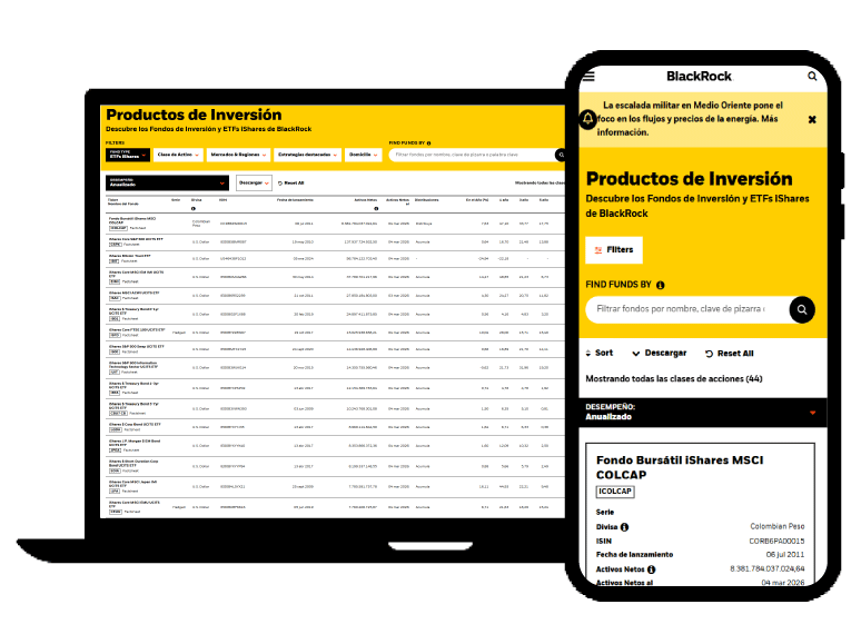 Imagen de la página web de producto con el listado de los ETFs de BlackRock disponibles en el mercado colombiano