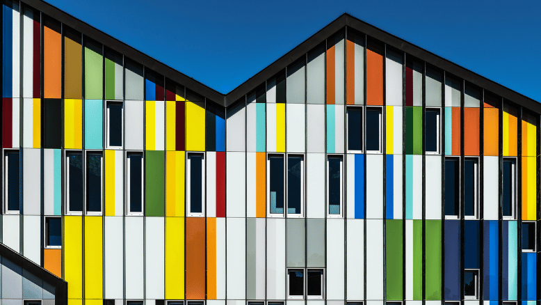 modern building facade with multicolored design