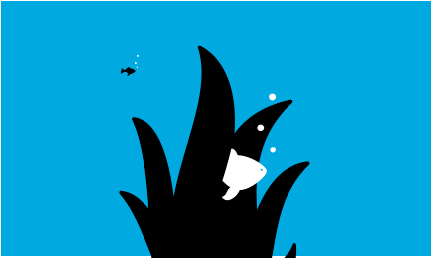 Illustration of a fish swimming through seaweed