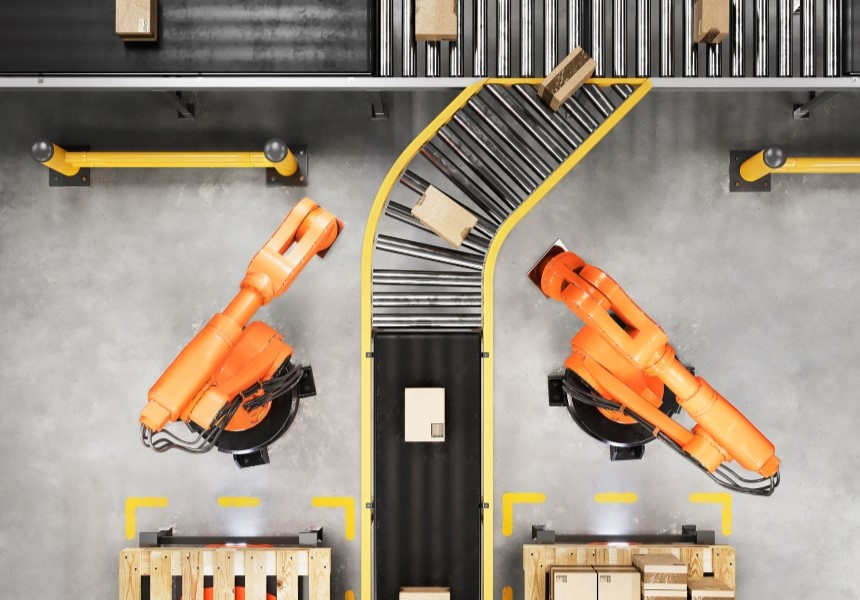 從俯視角度看輸送帶與正在處理貨物的機械臂