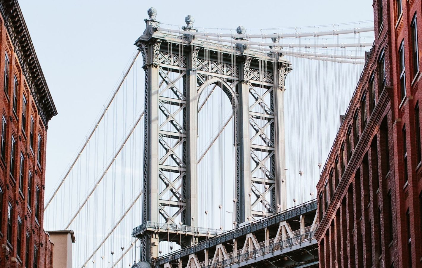 Brooklyn bridge with a bright blue sky