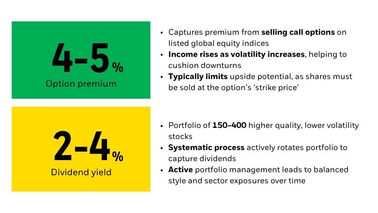 Graphic showing 4–5% option premium and 2–4% dividend yield, with notes on selling call options, rising volatility income, and a portfolio of 150–400 lower-volatility stocks.