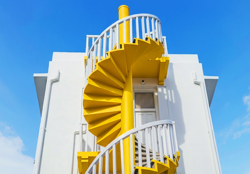 yellow spiral stairs