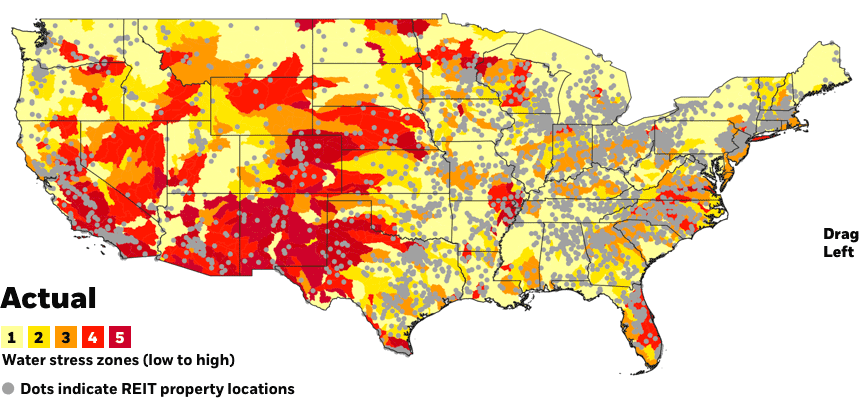 Estimated water stress in the U.S., actual