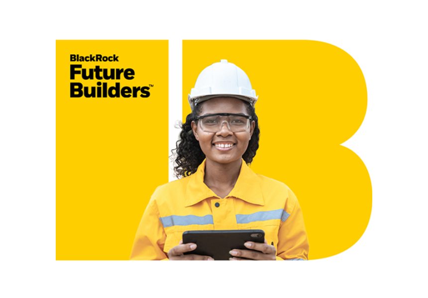 BlackRock Future Builders branding beside a construction worker wearing a hard hat and safety glasses, holding a tablet against a yellow background.