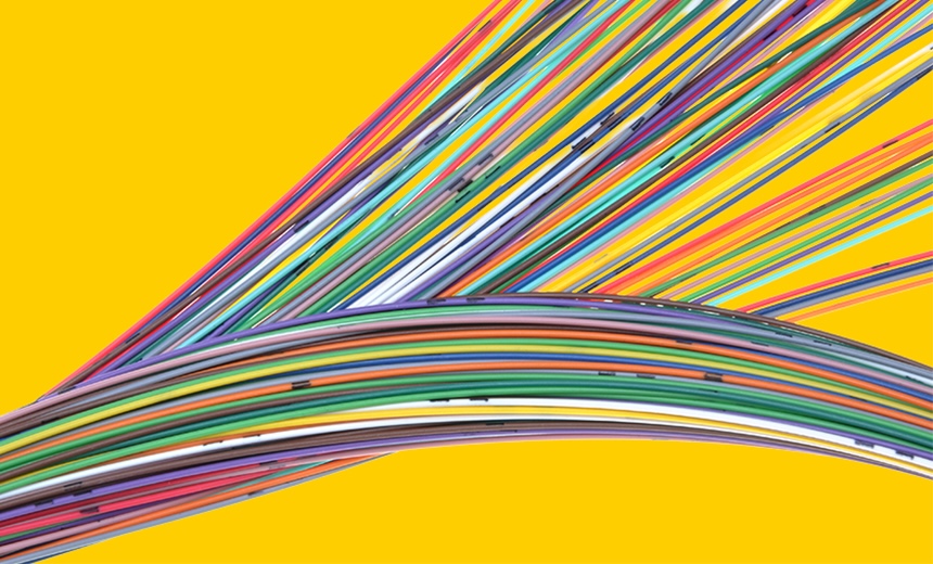 Abstract image of multicolored curved lines sweeping diagonally across a bright yellow background
