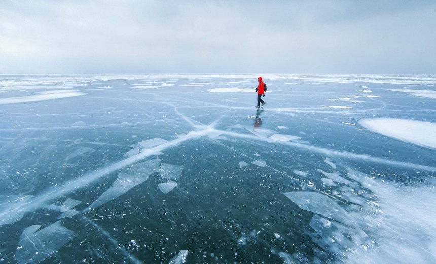 Man walking on ice.