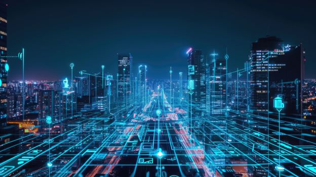 Cityscape with AI-powered buildings