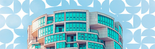 An image of a building that is broken up with teal windows on a blue and white background