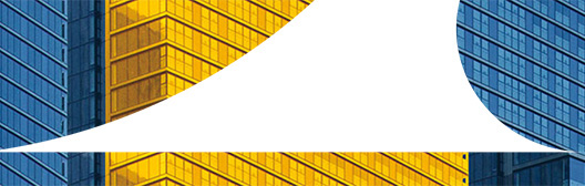 An image of a yellow and blue building on a light blue background