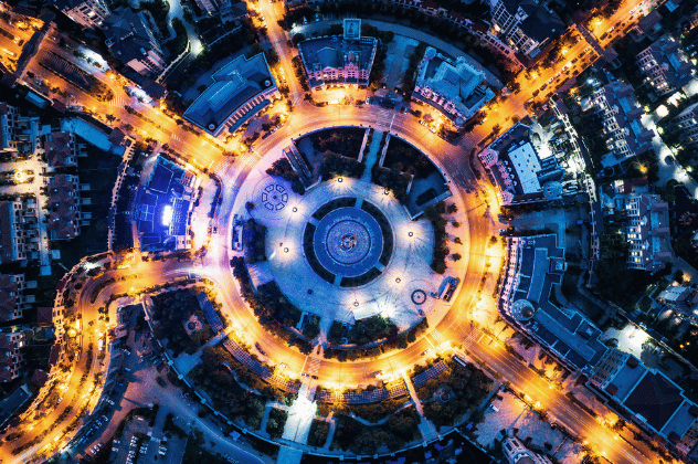 Brightly lit city roundabout