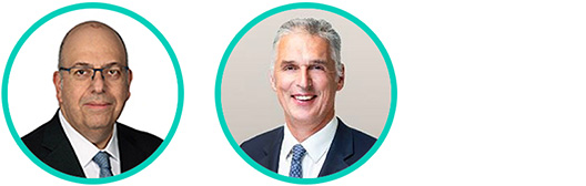 Headshots of Tarek Chouman, Global Head of the Aladdin Client Business, and Mark O’Hare, Vice Chairman for BlackRock side by side inside of a white circle with a blue outline