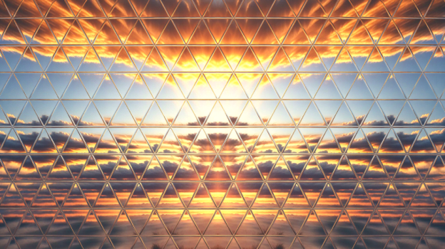 Abstract geometric pattern reflecting a sunrise through interconnected triangular glass panels.