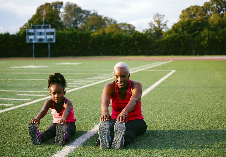 Grandmother and her grand-daughter morning exercise 