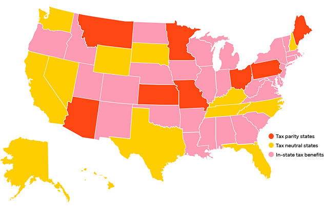 US map with colors orange, yellow, and pink