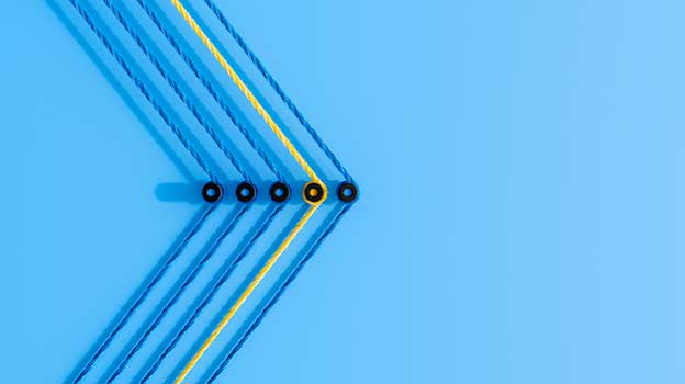 A blue background with threads forming forward looking arrows