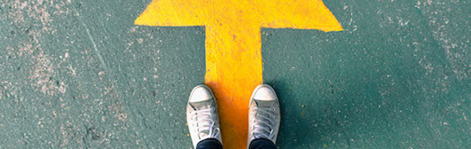 a person standing on the road with a yellow arrow