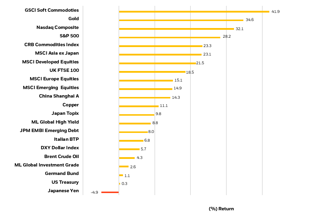 This chart show the asset performance for the last 12 months. The bars show the total return in local currency terms, except gold and copper, which are spot returns.
