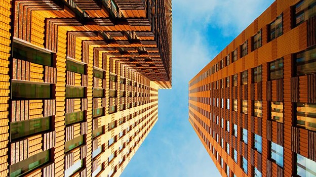 View of buildings from below