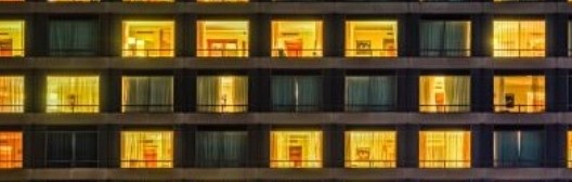 Corporate building windows at night
