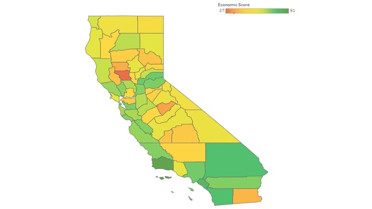 A heat map of California titled “Economic Heat Map” showing economic scores by county using a color gradient from red (score 27) to green (score 91). Northern and central regions are mostly yellow and orange, while southern regions show more green.