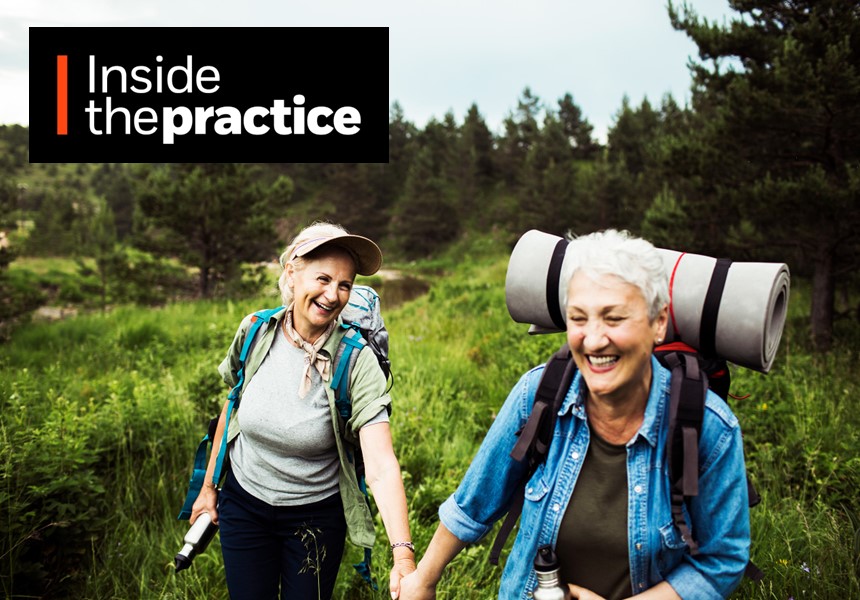 Two older women on a hike