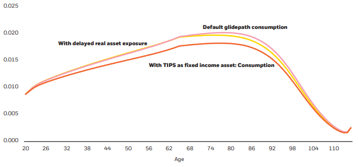 Chart illustrating one possible outcome based on allocating to an inflation hedging asset class later in the glidepath.
