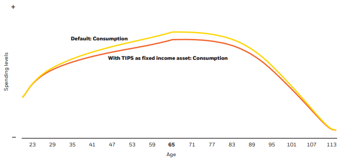 Chart comparing expected lifetime consumption based on BlackRock's framework default assumptions against the expected consumption that assumes a persistent allocation to TIPS.