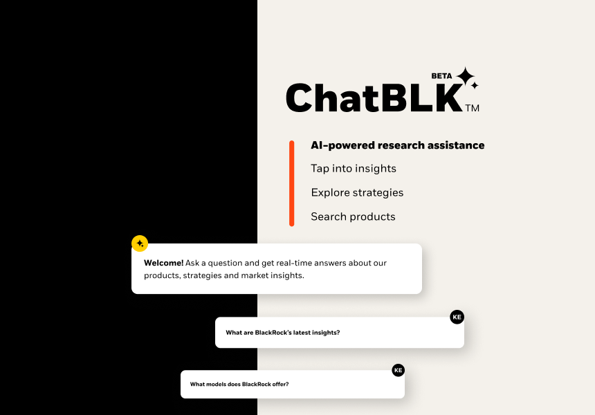 Split-screen graphic promoting ChatBLK, an AI-powered research assistant.