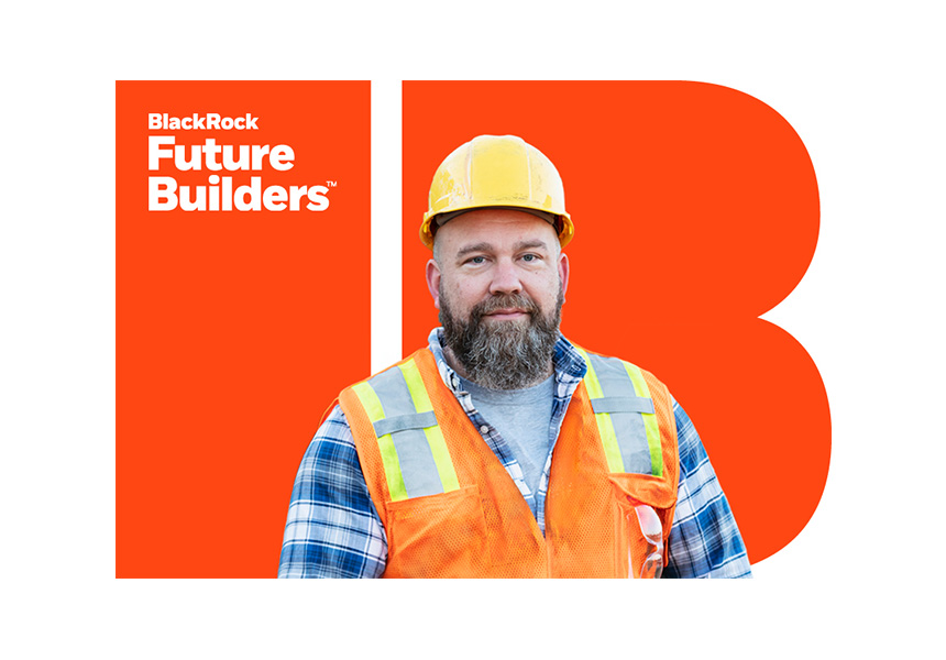 A skilled worker wearing a reflective vest and hardhat smiling in from of the Future Builders word mark. 