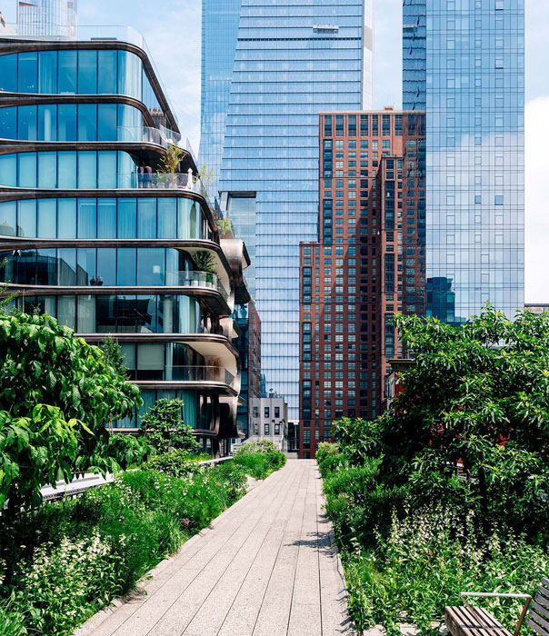 A modern urban pathway lined with greenery and flowers; flanked by contemporary buildings including a curved glass structure and tall skyscrapers in the background.