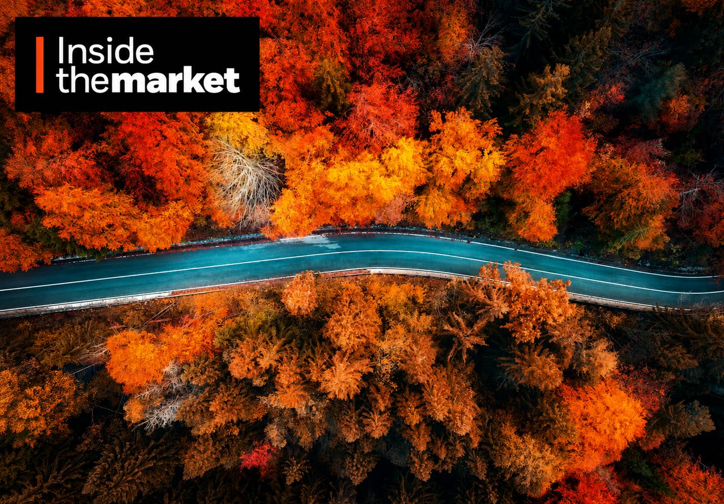 Fall landscape road with Inside the Market logo.