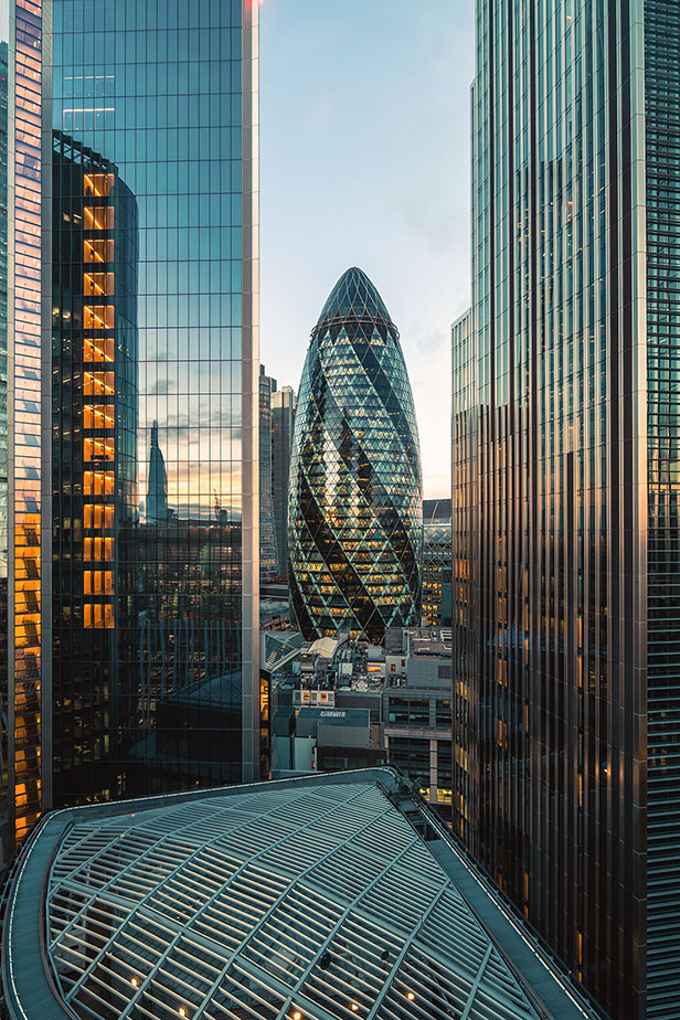 London skyline with the Gherkin building.