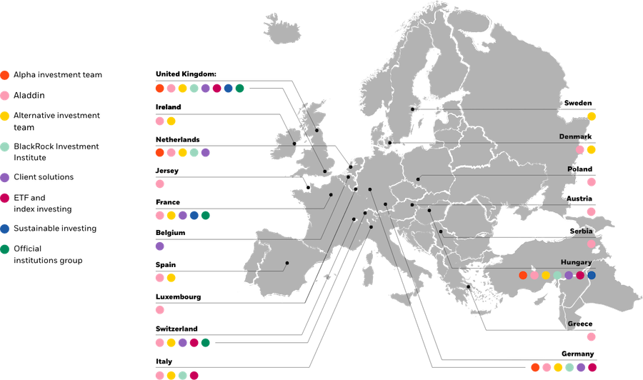 Kaart met kantoren en teams van BlackRock in Europa