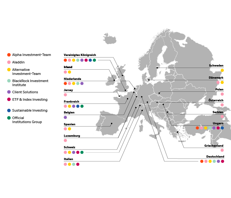 Karte mit den BlackRock-Standorten und -Teams in Europa
