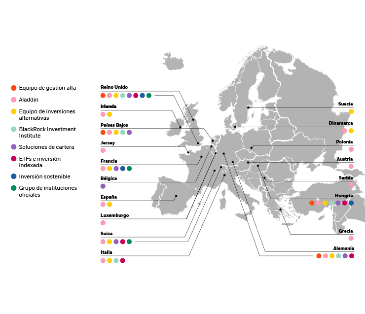 Mapa de oficinas y equipos de BlackRock en Europa