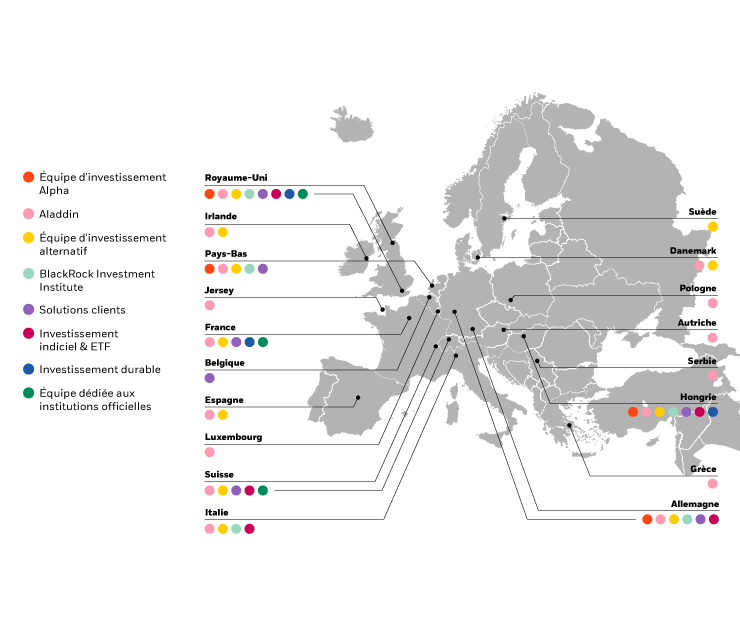 Plan des bureaux de BlackRock en Europe et des équipes