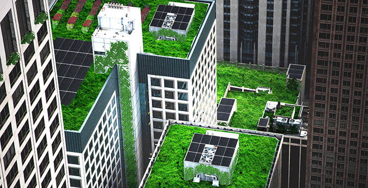 Image of imagined future use of roof with rooftop gardens, solar panels and efficient buildings
