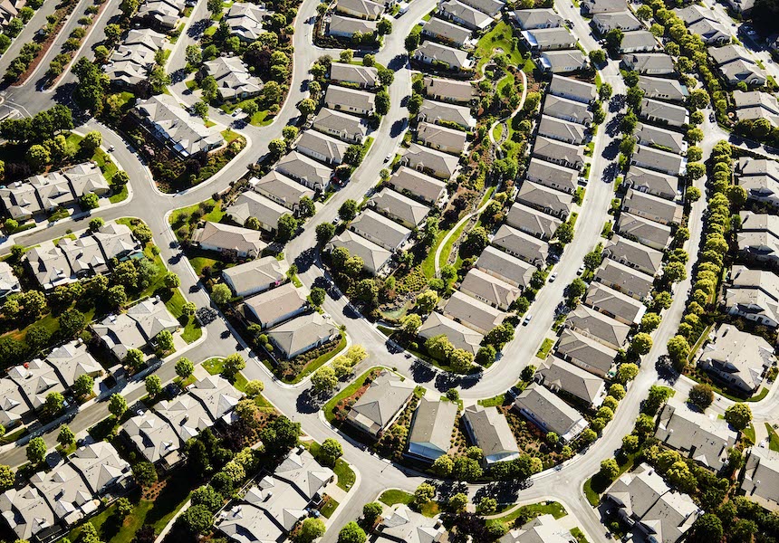 Aerial view of houses in a neighborhood