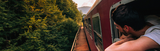 Man looking through train window