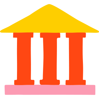 A stylized bank building with three orange columns and a yellow roof on a light background.