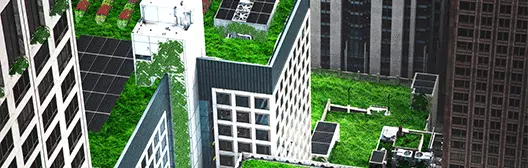 Image of imagined future use of roof with rooftop gardens, solar panels and efficient buildings
