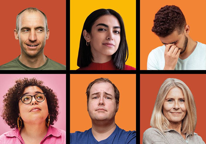 Portraitbilder von sechs unterschiedlichen Personen vor einem bunten Hintergrund.