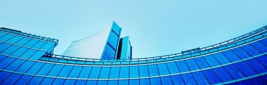 Upward view of modern glass skyscrapers