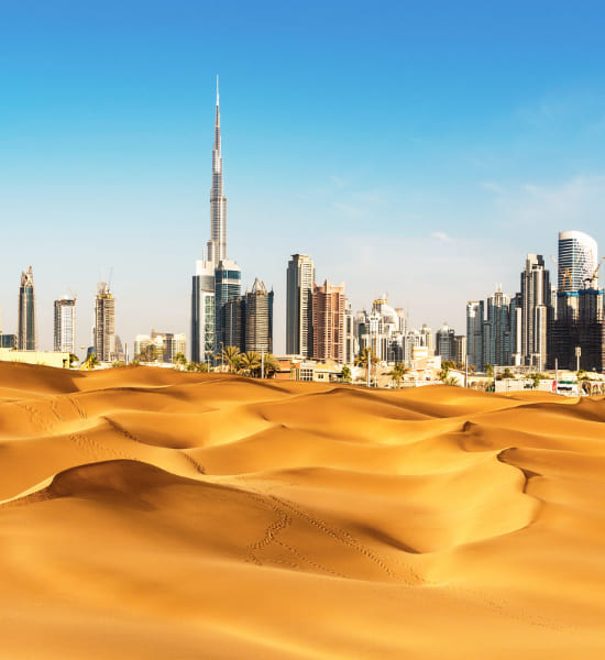 Desert overlooking a city scape of Dubai